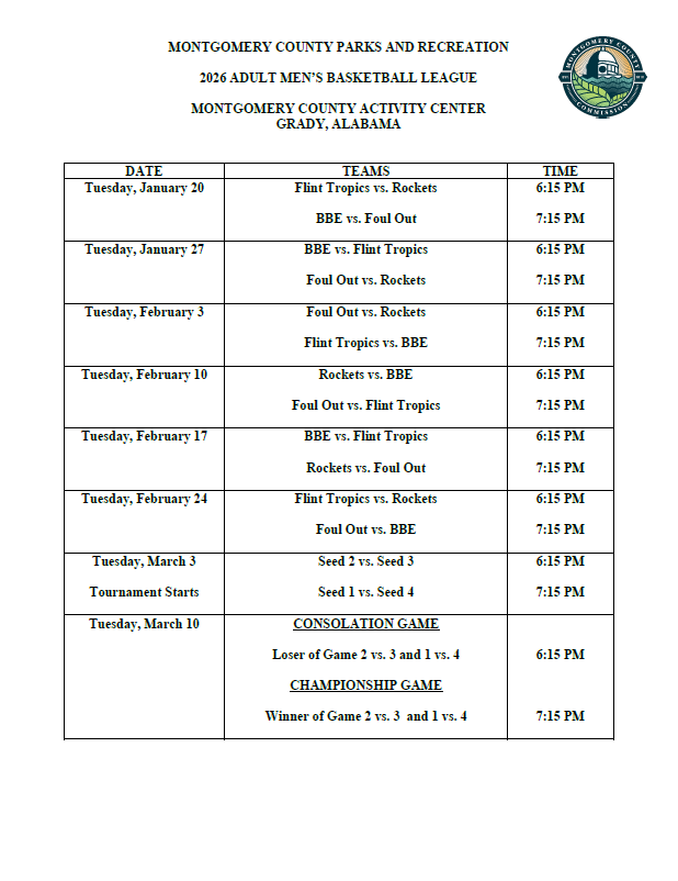 2026 Adult Men's Basketball League Schedule