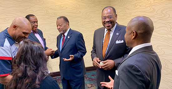 Harris laughing with residents